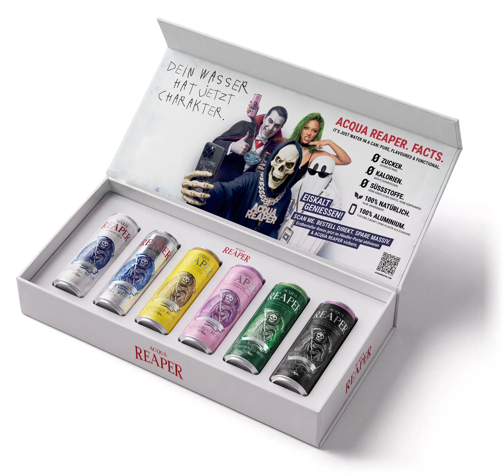 Geöffnete Geschenkbox mit je einer Dose aller sechs Sorten