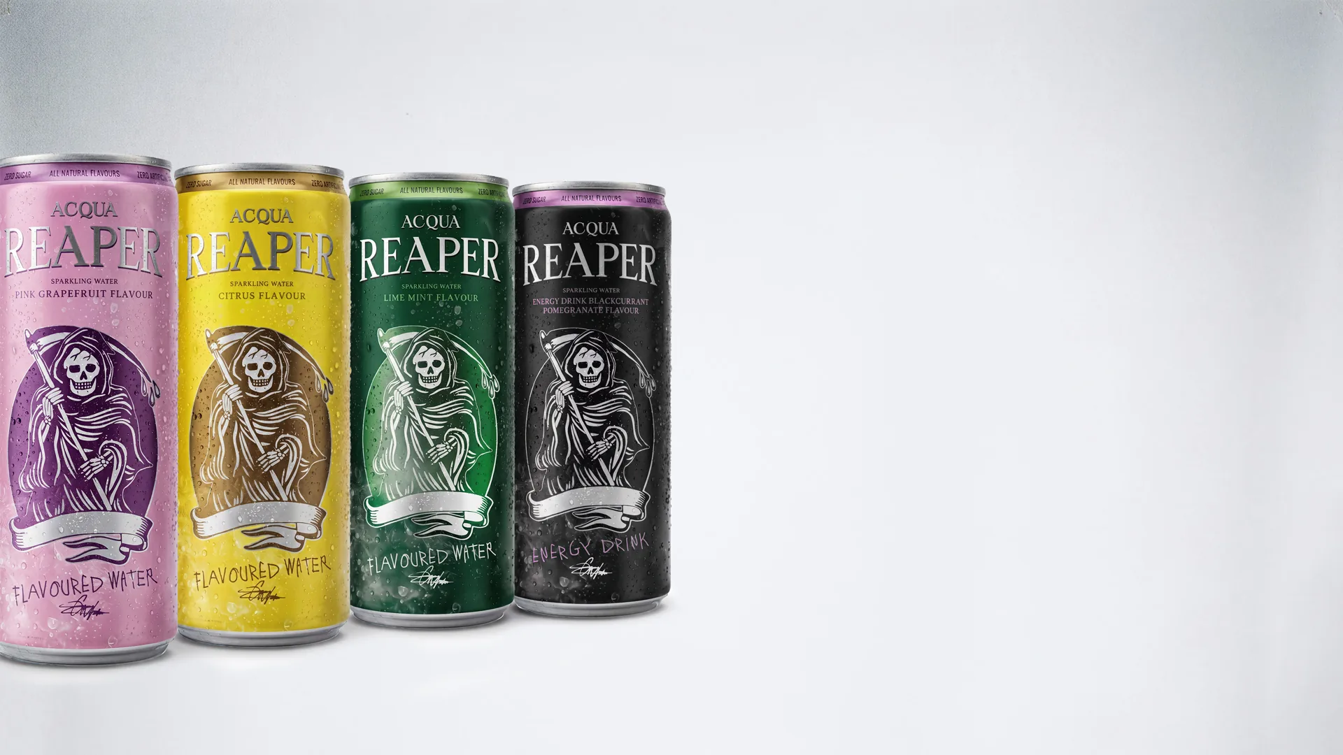 Vier Dosen: Pink Grapefruit, Citrus, Lime & Mint und Energy – schwarze Johannisbeere, Granatapfel