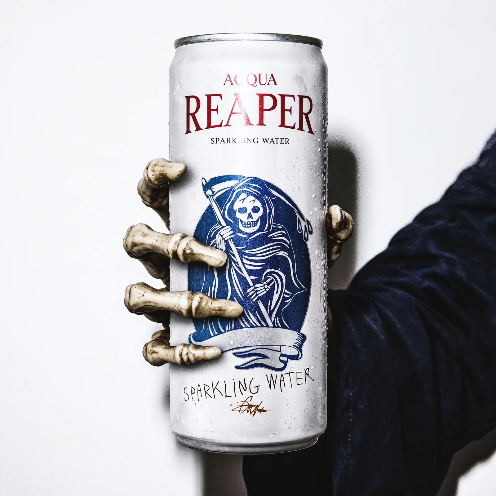 Skeletthand hält eine Dose Sparkling Water