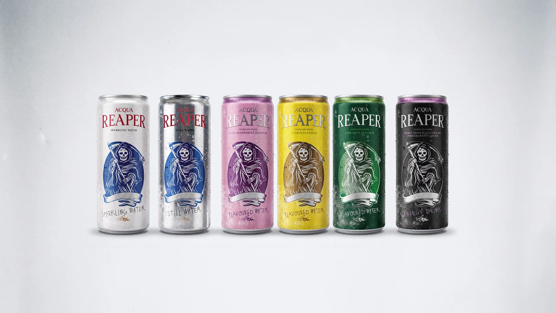 Alle sechs Dosen nebeneinander: Sparkling Water, Still Water, Pink Grapefruit, Citrus, Lime & Mint und Energy – schwarze Johannisbeere, Granatapfel