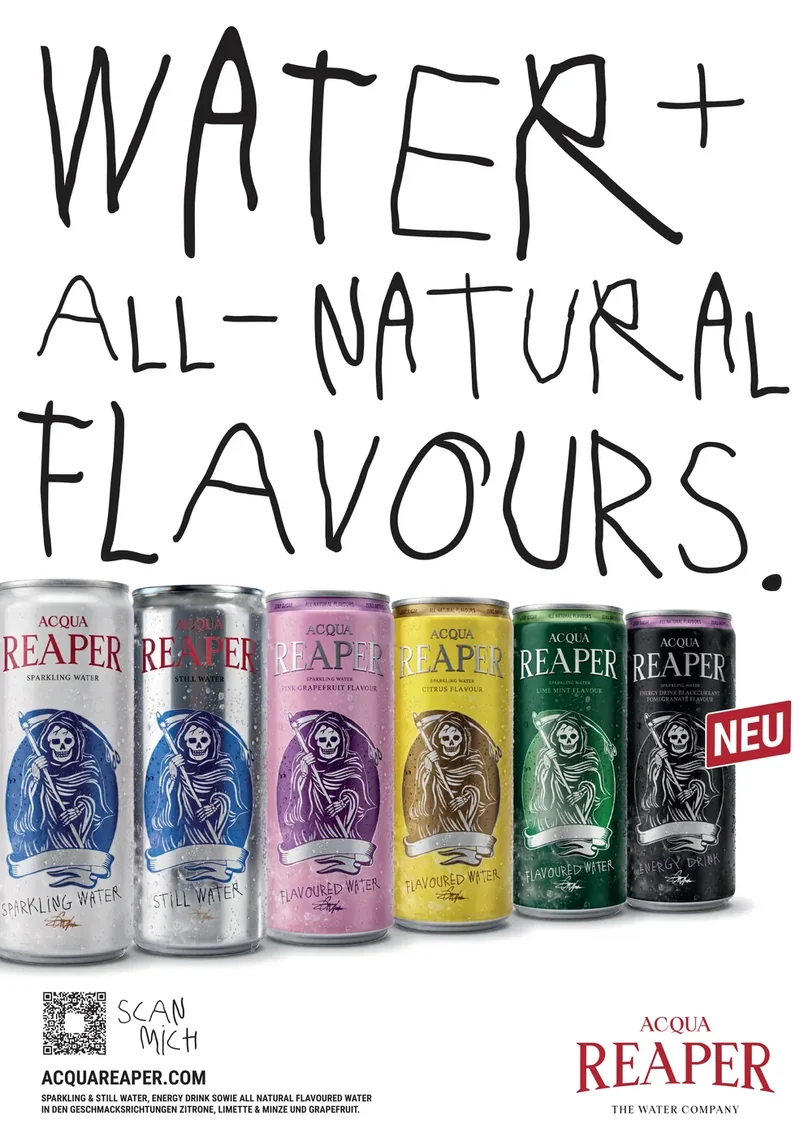 Plakatmotiv: Water + all-natural flavours.