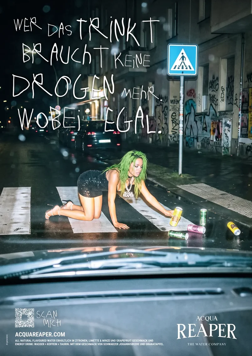 Plakatmotiv: Wer das trinkt, braucht keine Drogen mehr. Wobei: egal.